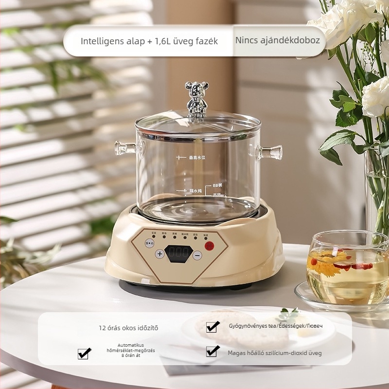 Egészség teáskanna boroszilikát üvegtesttel, kapacitás 1,5–2 L, 220V, 500W, digitális termosztát érintéses vezérléssel