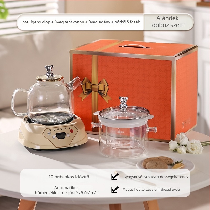 Egészség teáskanna boroszilikát üvegtesttel, kapacitás 1,5–2 L, 220V, 500W, digitális termosztát érintéses vezérléssel