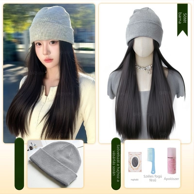 Beépített kötött sapkás paróka, természetes stílus, hosszú egyenes haj; Haj anyaga: magas hőálló selyem; Paróka stílusa: sapkás paróka; Feldolgozás: mechanizált; Frufru: Nincs