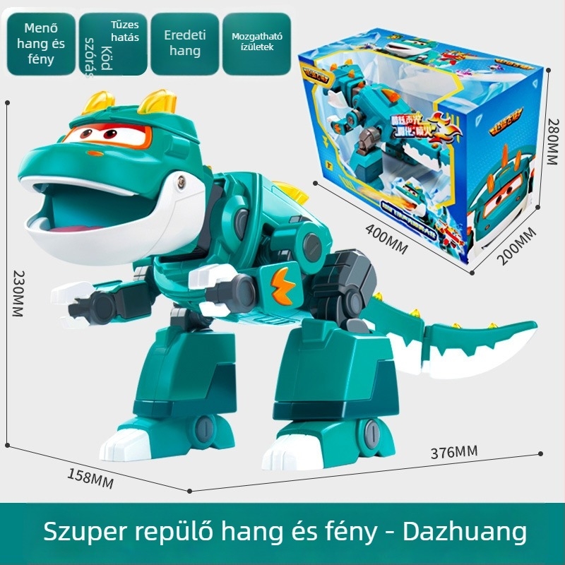 Átalakítható dinoszaurusz robot hanggal és fénnyel, köd spricceléssel — Super Flying Hero, anime karakter, 7–14 éveseknek