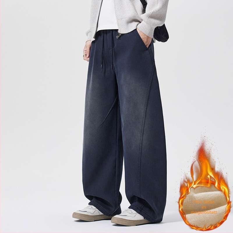 Széles lábú farmernadrág, középmagas derék, fűzős derékrész, mosott felület, Lyocell 58,2% / poliészter 39,6% / spandex 2,2% keverék, fleece-bélés, hétköznapi viselet