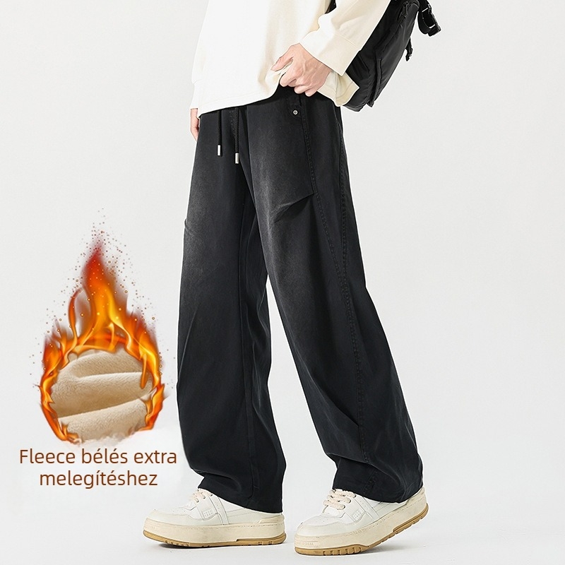 Széles lábú farmernadrág, középmagas derék, fűzős derékrész, mosott felület, Lyocell 58,2% / poliészter 39,6% / spandex 2,2% keverék, fleece-bélés, hétköznapi viselet