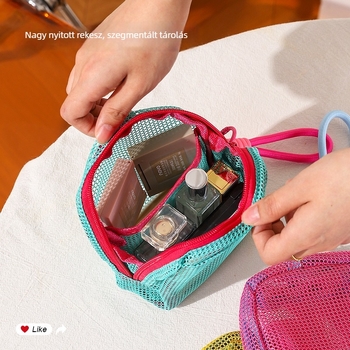 Nylon-Poliészter sminktáska hálós szerkezetű, kubus alakú, többfunkciós, utazáshoz és mindennapi használatra