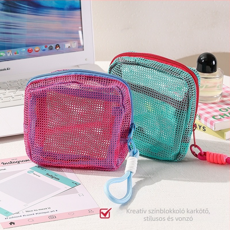 Nylon-Poliészter sminktáska hálós szerkezetű, kubus alakú, többfunkciós, utazáshoz és mindennapi használatra