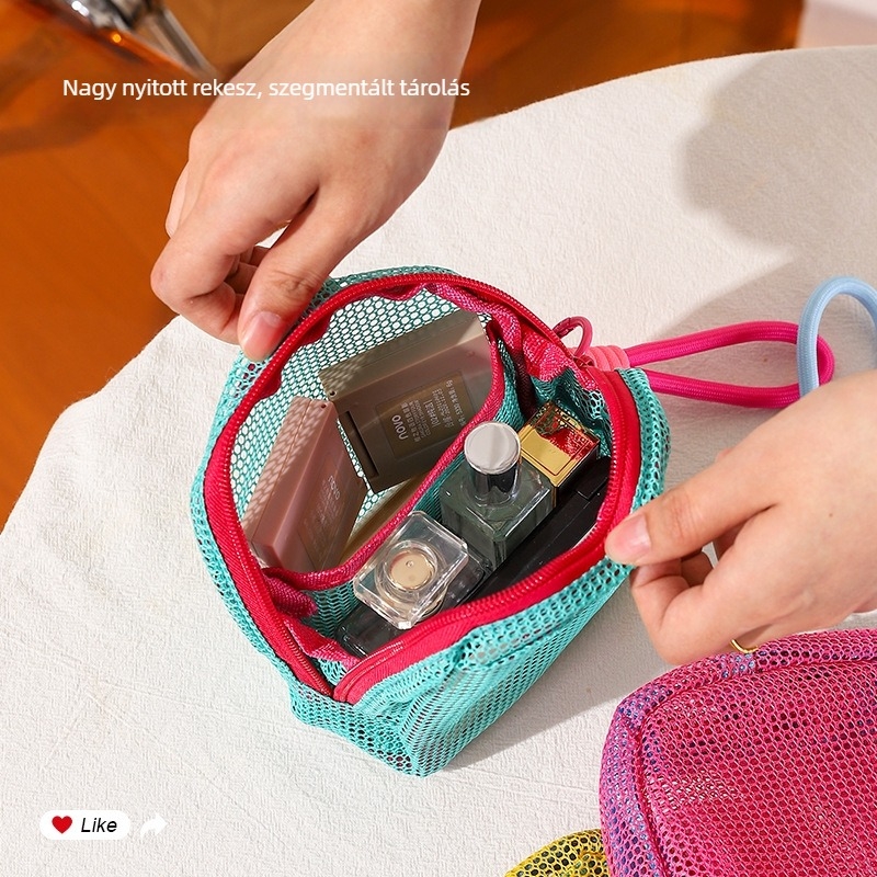 Nylon-Poliészter sminktáska hálós szerkezetű, kubus alakú, többfunkciós, utazáshoz és mindennapi használatra