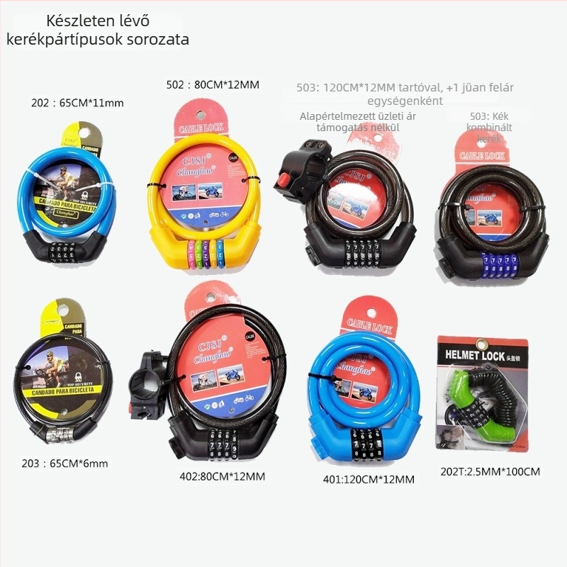 Kerékpárzár jelszóval, 4 számjegyű fix kód, CH-203, acélhuzal és PVC burkolat, súly 175 g