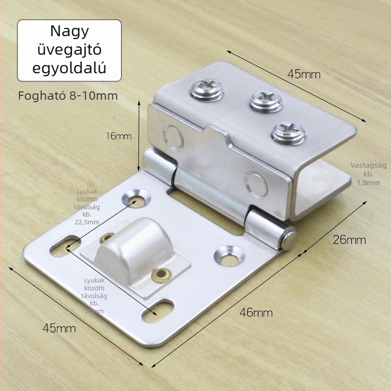 Rozsdamentes acél üvegajtó csukló, kétoldalas, 180°, modell 001