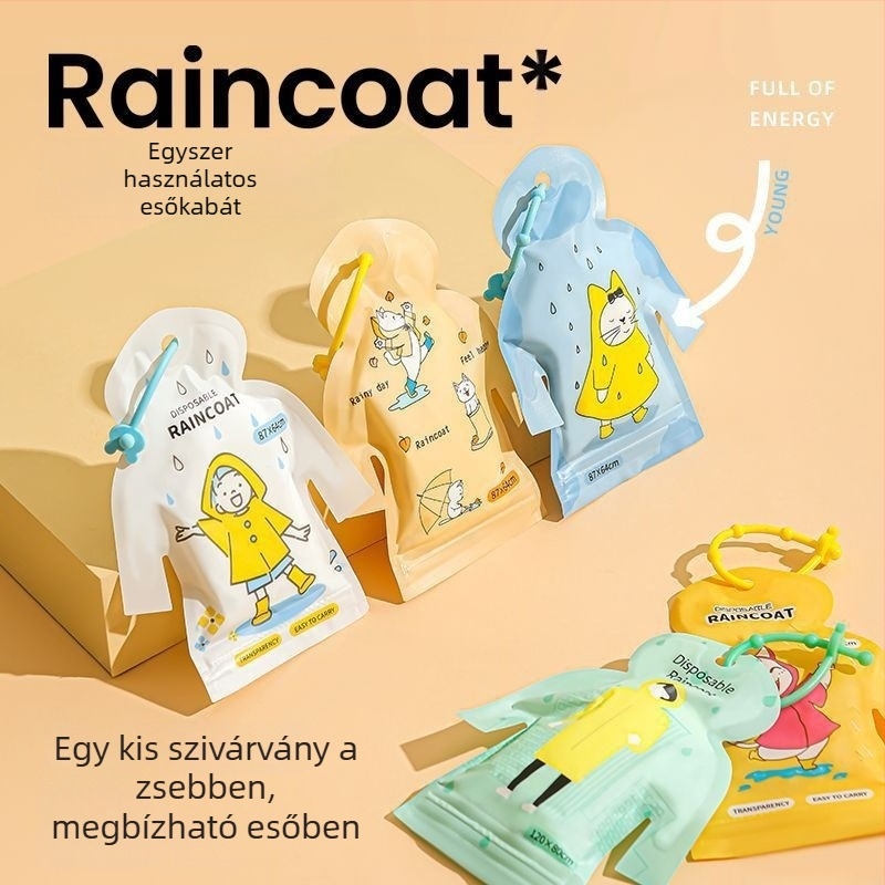 Kártya esőponcsó felnőtteknek és gyerekeknek, rajzfilmszerű stílus, PE anyag 0,03 mm, vízálló PE ragasztó réteg, hordozható zsebes kialakítás