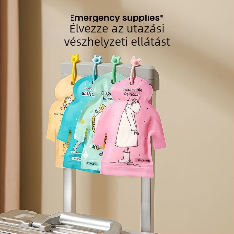 Kártya esőponcsó felnőtteknek és gyerekeknek, rajzfilmszerű stílus, PE anyag 0,03 mm, vízálló PE ragasztó réteg, hordozható zsebes kialakítás