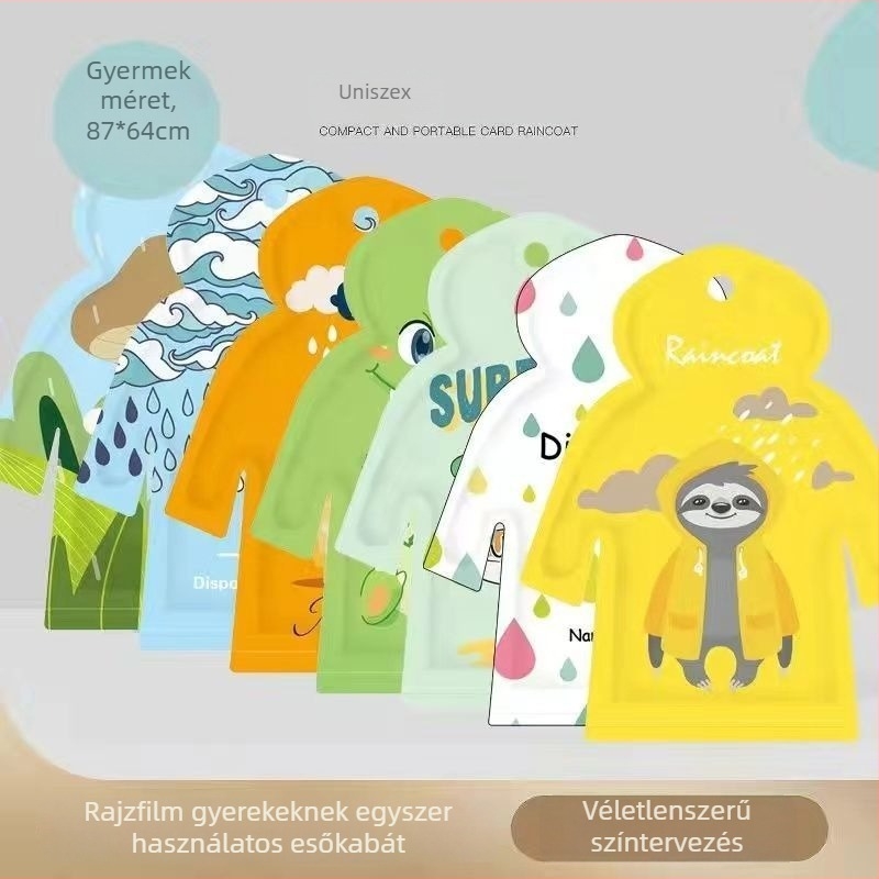 Kártya esőponcsó felnőtteknek és gyerekeknek, rajzfilmszerű stílus, PE anyag 0,03 mm, vízálló PE ragasztó réteg, hordozható zsebes kialakítás