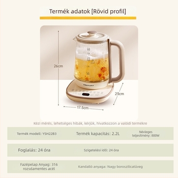 Royalstar Egészség teáskanna, 1,5–2 L; boroszilikát üveg külső és belső tartály; 220 V, 500–1000 W; érintéses vezérlés digitális termosztáttal és intelligens hőmérséklet-szabályozással; automatikus kikapcsolás.