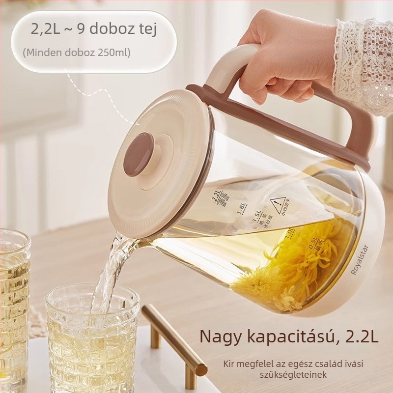 Royalstar Egészség teáskanna, 1,5–2 L; boroszilikát üveg külső és belső tartály; 220 V, 500–1000 W; érintéses vezérlés digitális termosztáttal és intelligens hőmérséklet-szabályozással; automatikus kikapcsolás.