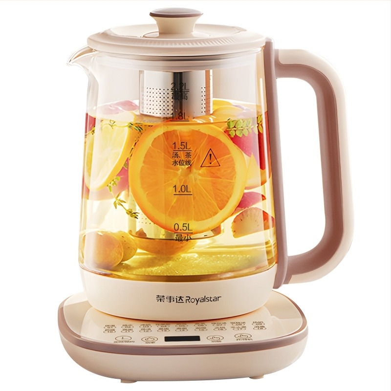 Royalstar Egészség teáskanna, 1,5–2 L; boroszilikát üveg külső és belső tartály; 220 V, 500–1000 W; érintéses vezérlés digitális termosztáttal és intelligens hőmérséklet-szabályozással; automatikus kikapcsolás.