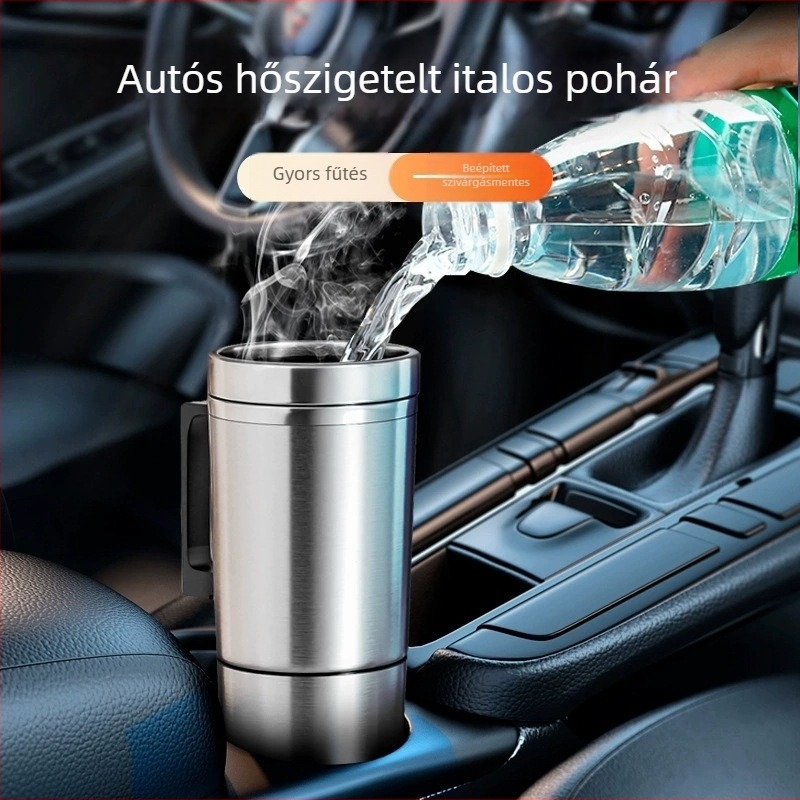 Autóhoz készült vízmelegítő pohár, rozsdamentes acélból, 70W, logó testreszabás