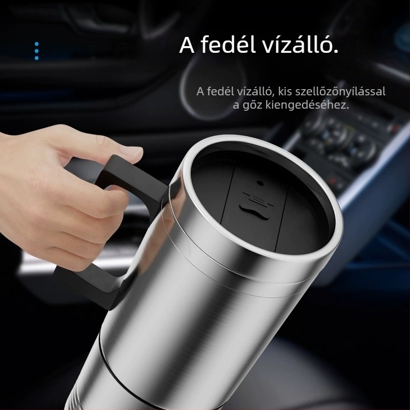 Autóhoz készült vízmelegítő pohár, rozsdamentes acélból, 70W, logó testreszabás