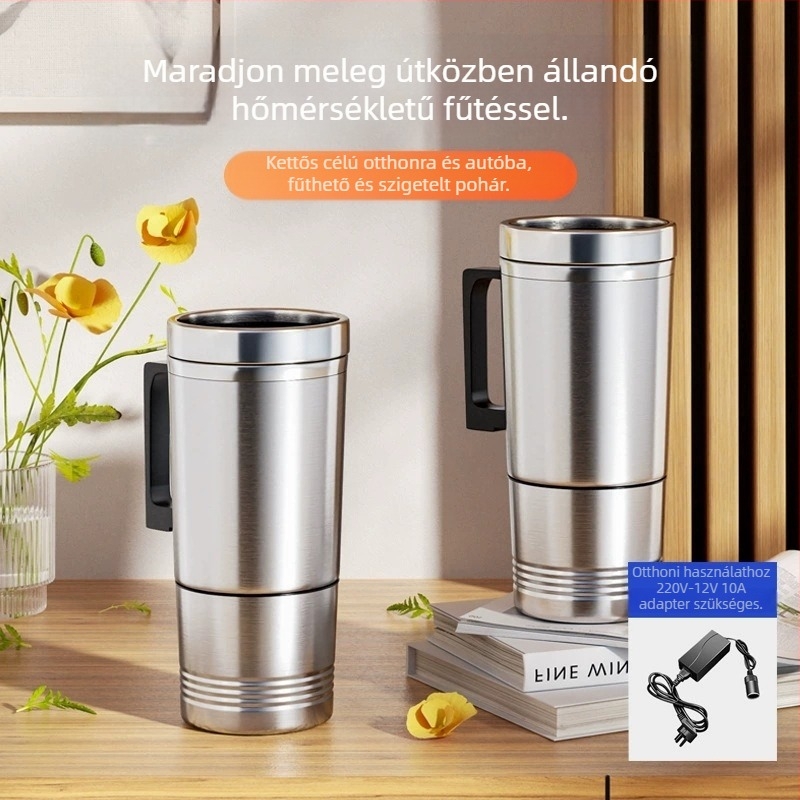 Autóhoz készült vízmelegítő pohár, rozsdamentes acélból, 70W, logó testreszabás