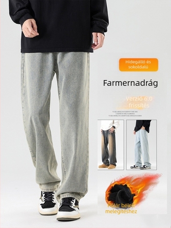 Férfi denimnadrág fleece-béléssel, lazán szabott egyenes fazon, közepes derekú, őszi-téli mindennapi viselet