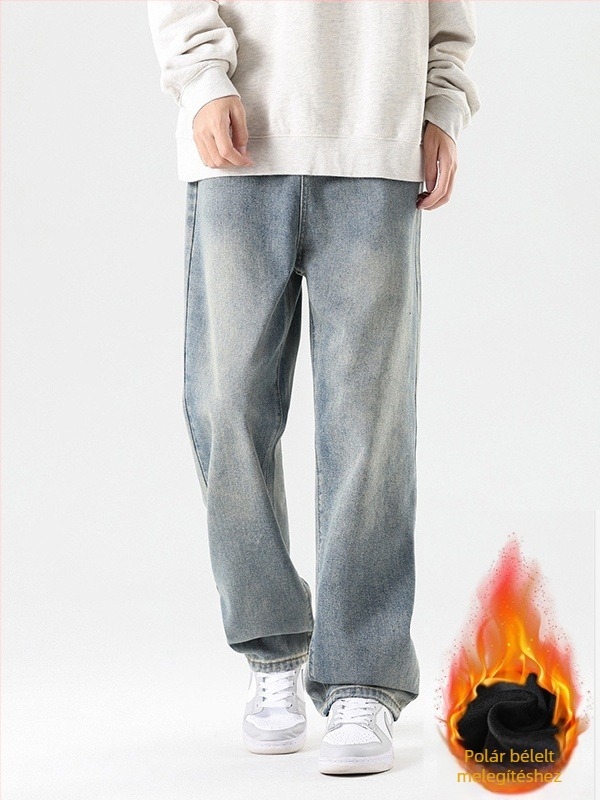 Férfi denimnadrág fleece-béléssel, lazán szabott egyenes fazon, közepes derekú, őszi-téli mindennapi viselet