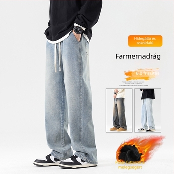 Férfi koreai stílusú farmernadrág, egyenes szabású, fleece-betéttel, pamut, magas derekú