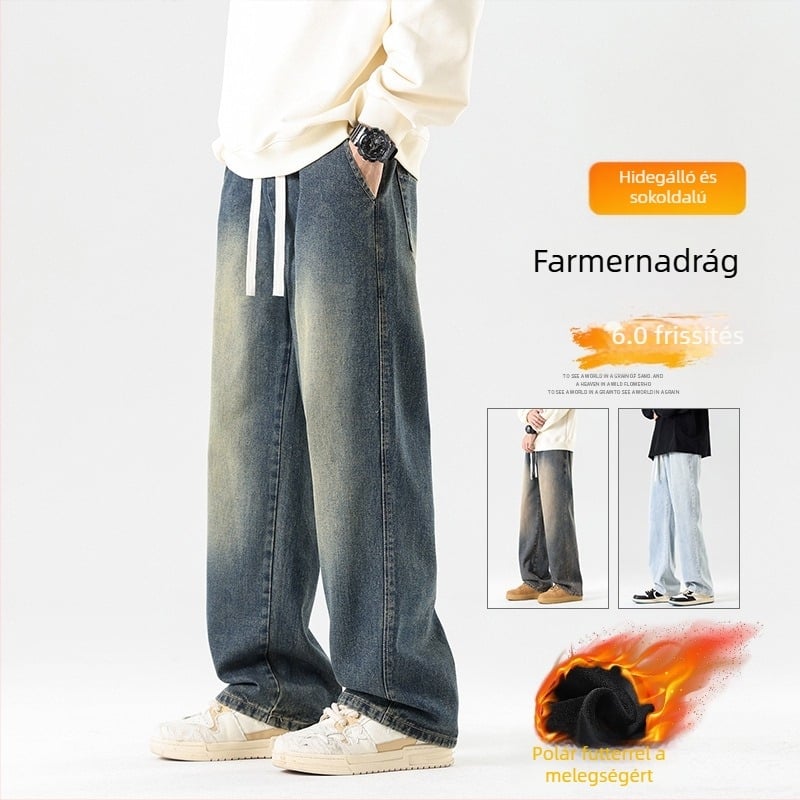 Férfi koreai stílusú farmernadrág, egyenes szabású, fleece-betéttel, pamut, magas derekú