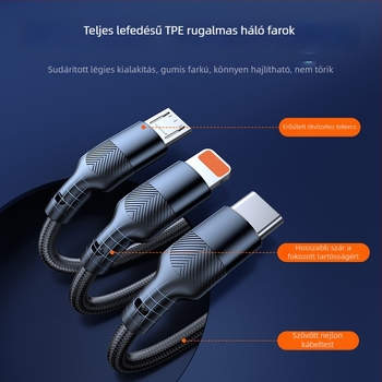 Három az egyben adatkábel gyors töltéssel — három fej: Mini USB, Lightning, Micro USB és Type-C; automatikus kikapcsolás; maximális kimeneti teljesítmény 6W; szövött anyag.