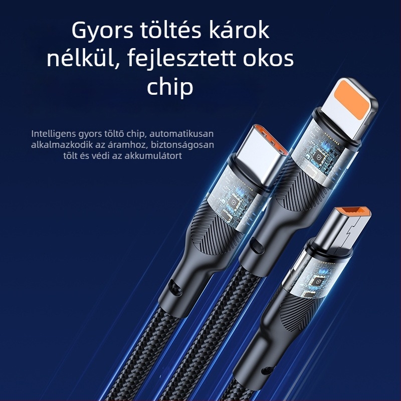 Három az egyben adatkábel gyors töltéssel — három fej: Mini USB, Lightning, Micro USB és Type-C; automatikus kikapcsolás; maximális kimeneti teljesítmény 6W; szövött anyag.