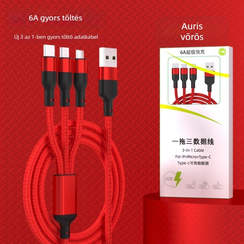 Három az egyben adatkábel gyors töltéssel — három fej: Mini USB, Lightning, Micro USB és Type-C; automatikus kikapcsolás; maximális kimeneti teljesítmény 6W; szövött anyag.