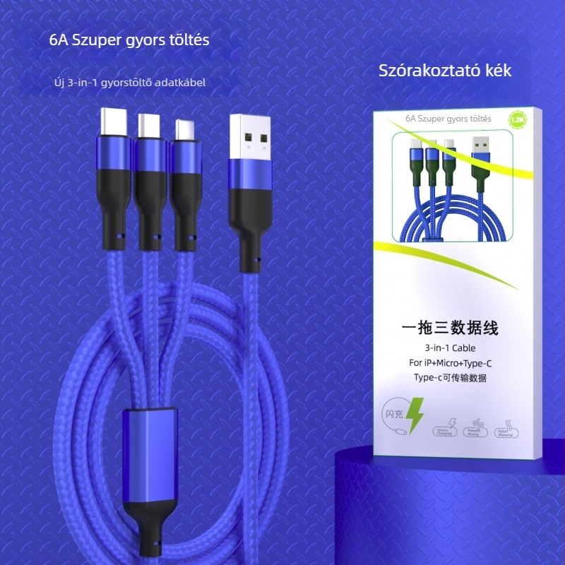 Három az egyben adatkábel gyors töltéssel — három fej: Mini USB, Lightning, Micro USB és Type-C; automatikus kikapcsolás; maximális kimeneti teljesítmény 6W; szövött anyag.