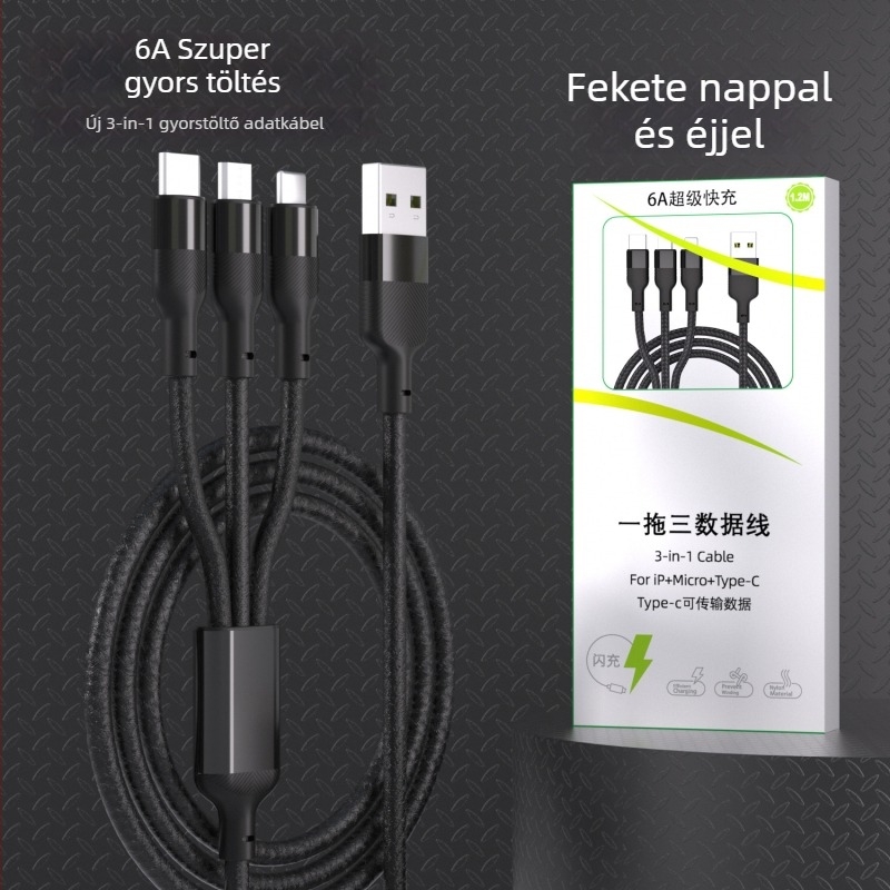 Három az egyben adatkábel gyors töltéssel — három fej: Mini USB, Lightning, Micro USB és Type-C; automatikus kikapcsolás; maximális kimeneti teljesítmény 6W; szövött anyag.