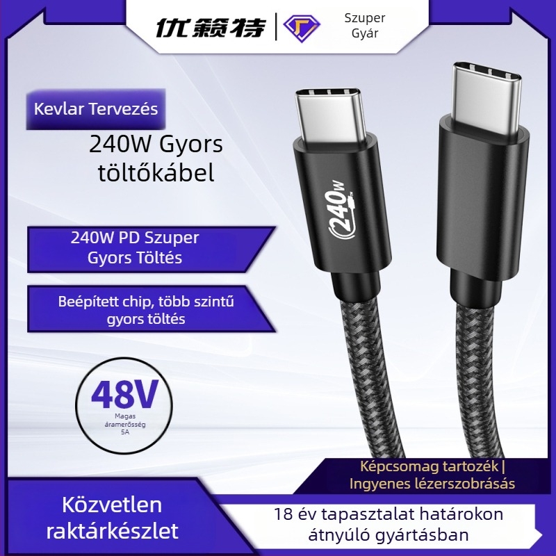 USB-C adatkábel PD gyors töltéssel, alumíniumötvözet, egyes csatlakozóval, 240W