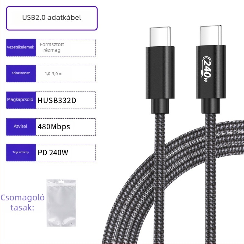 USB-C adatkábel PD gyors töltéssel, alumíniumötvözet, egyes csatlakozóval, 240W