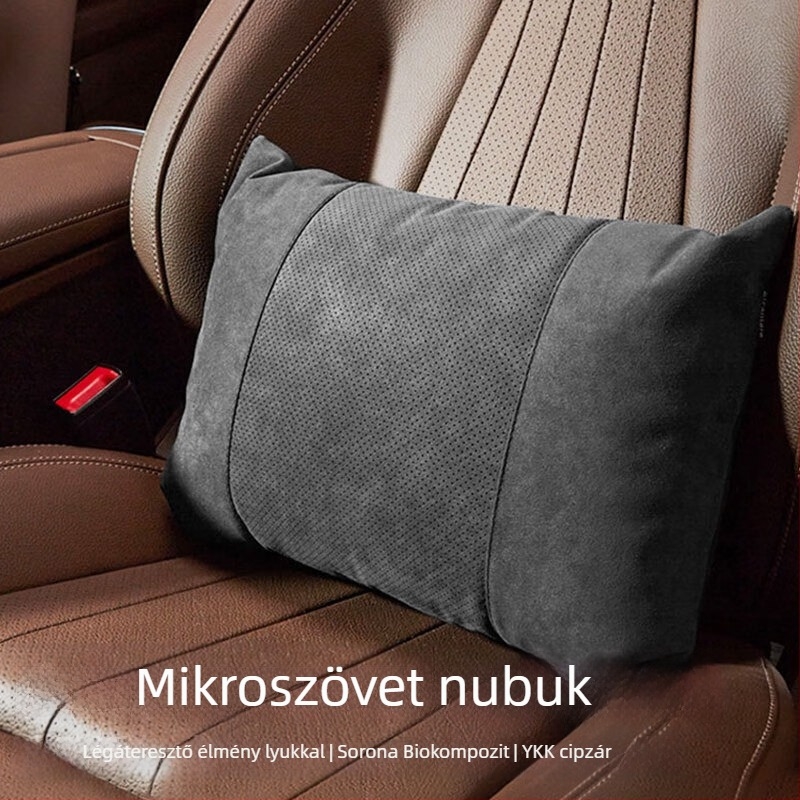 Universális autófejtámla párna nyak- és derék-támasz, perforált velúr bevonattal, bio fleece töltettel, minden évszakban, testreszabható