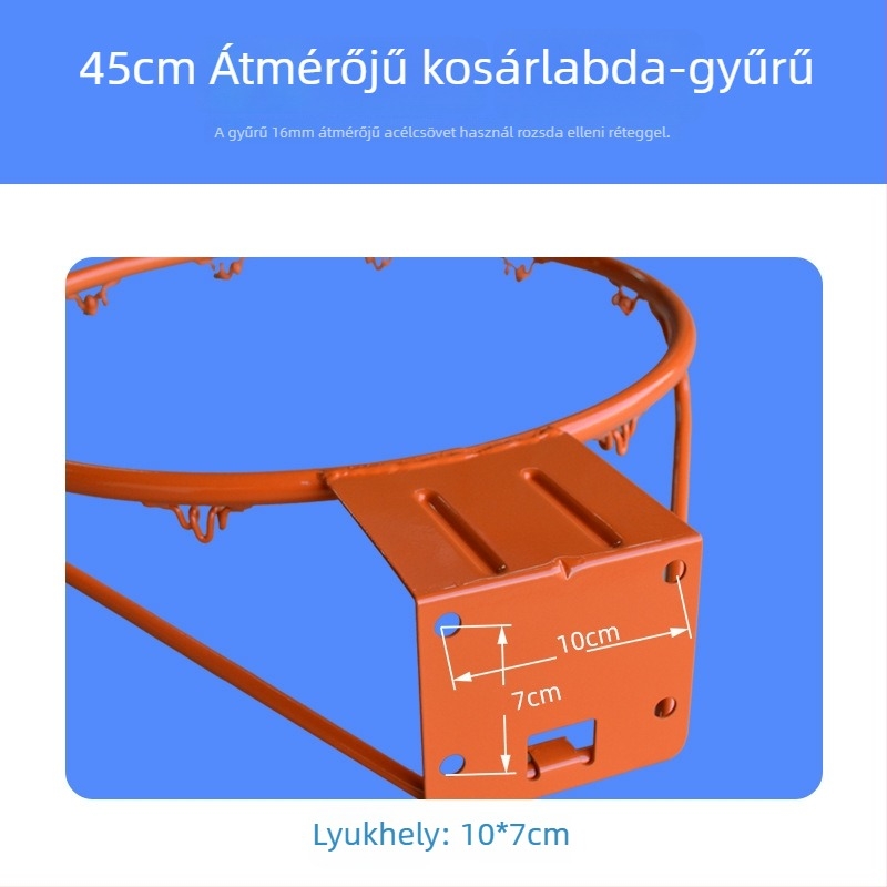 Kosárlabda karika, öntöttvas szerkezet, csőátmérő 16 mm, súly 1,6 kg, csomagolási méretek 50×12×58 cm