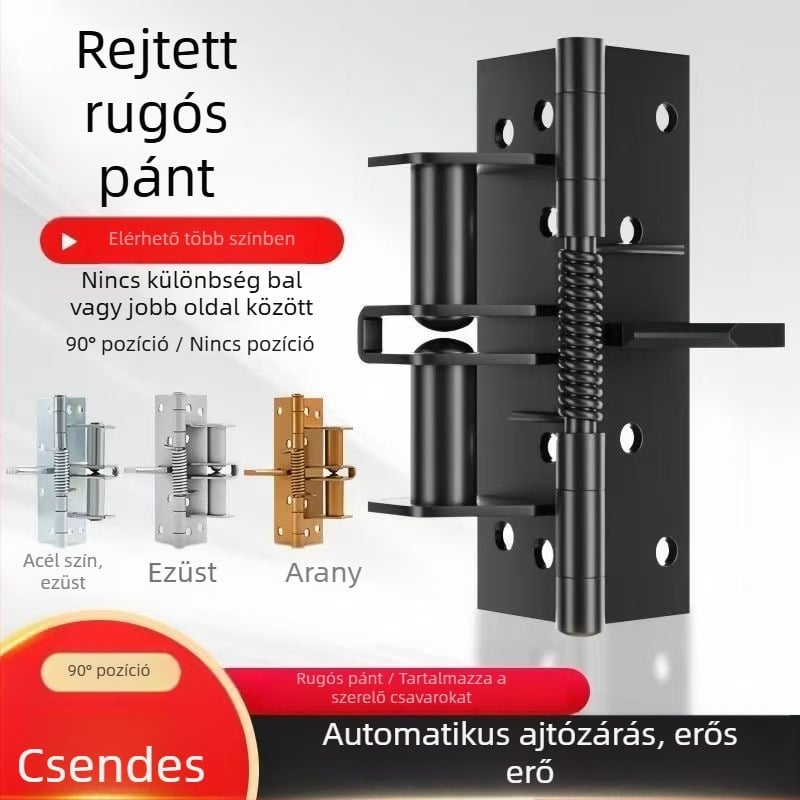 Rugós pánt faszerkezetű ajtókhoz, beépített zárómechanizmussal, rejtett kivitel, 90°-os pozícionálás, mangánacél.