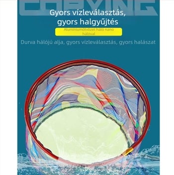 Alumínium ötvözetű horgász hálófej színes nano hálóval, mélyített, könnyű és gyorsan száradó.