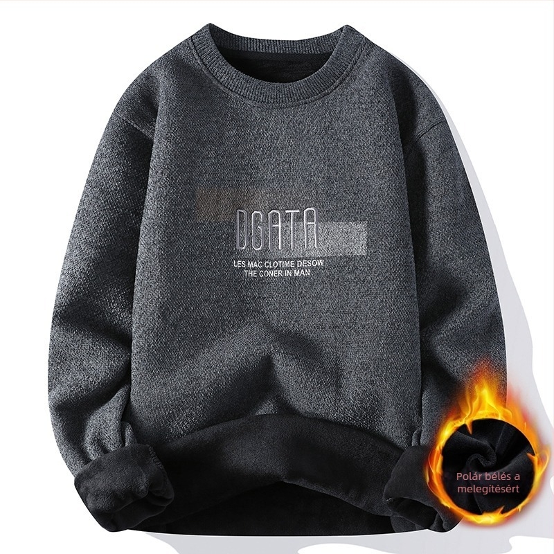 Kötött pulóver, kerek nyakkal, fleece bélelt, Koreai modell, szűk szabás, 100% poliészter