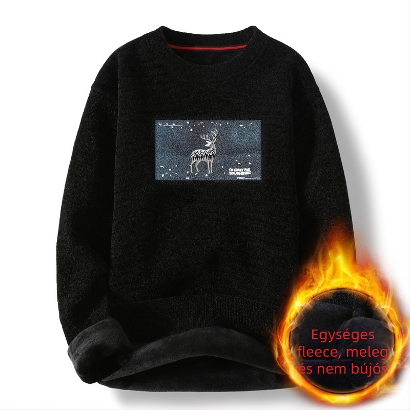 Kötött pulóver, kerek nyakkal, fleece bélelt, Koreai modell, szűk szabás, 100% poliészter