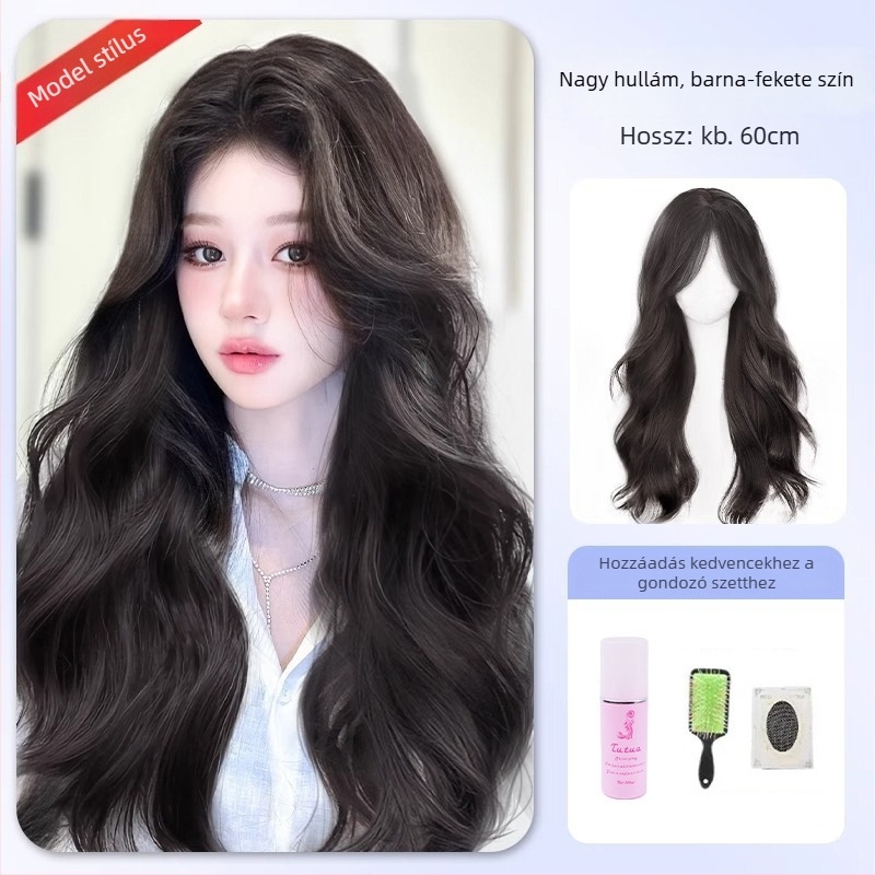 Paróka: hosszú, nagy hullámok, természetes megjelenés, hőálló rostok, ferde frufru, teljes fejfedés
