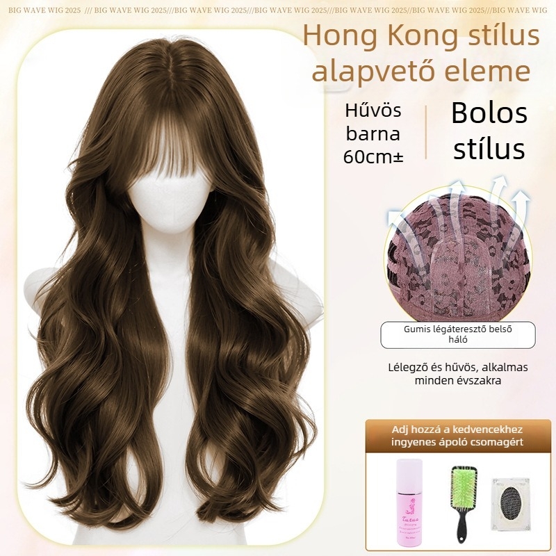 Paróka: hosszú, nagy hullámok, természetes megjelenés, hőálló rostok, ferde frufru, teljes fejfedés