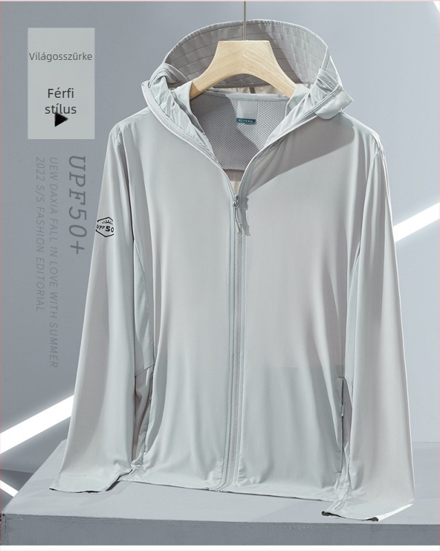 Kültéri szélvédő dzseki (UPF50+ UV védelem, légáteresztő, gyorsan száradó, nylon anyag, kapucnis)