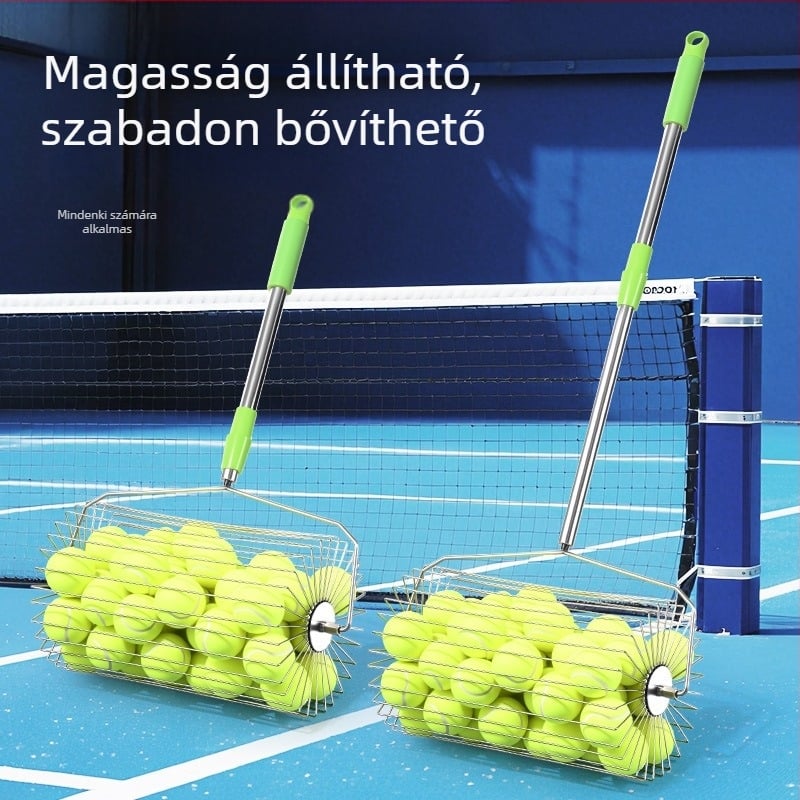Teniszlabdák gyűjtője rozsdamentes acélból, teleszkópos, automata, kézi tolású működés, nagy kapacitás