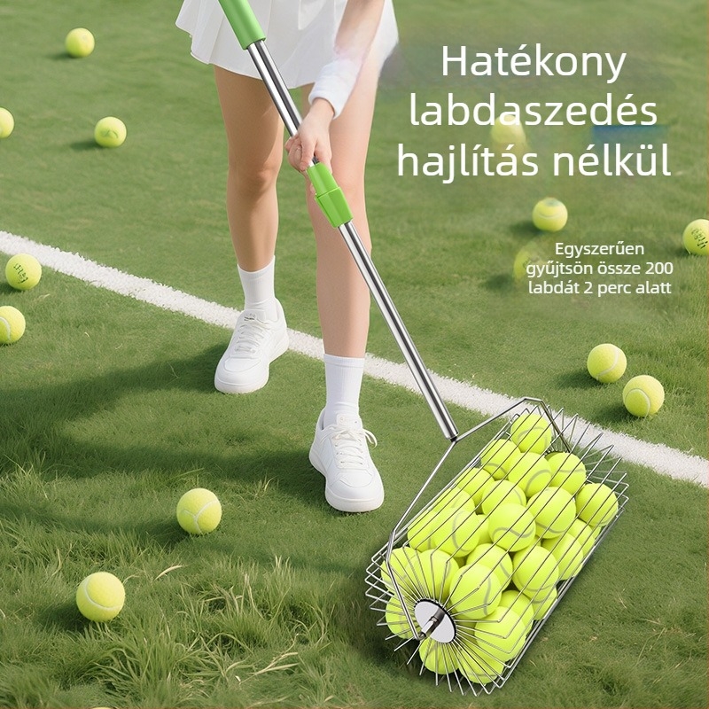 Teniszlabdák gyűjtője rozsdamentes acélból, teleszkópos, automata, kézi tolású működés, nagy kapacitás