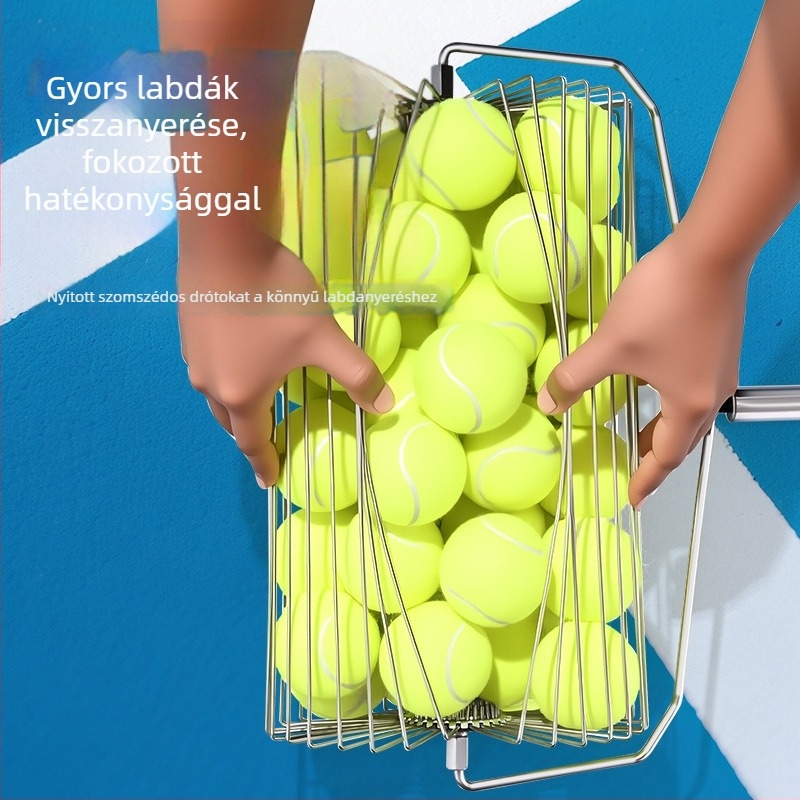 Teniszlabdák gyűjtője rozsdamentes acélból, teleszkópos, automata, kézi tolású működés, nagy kapacitás