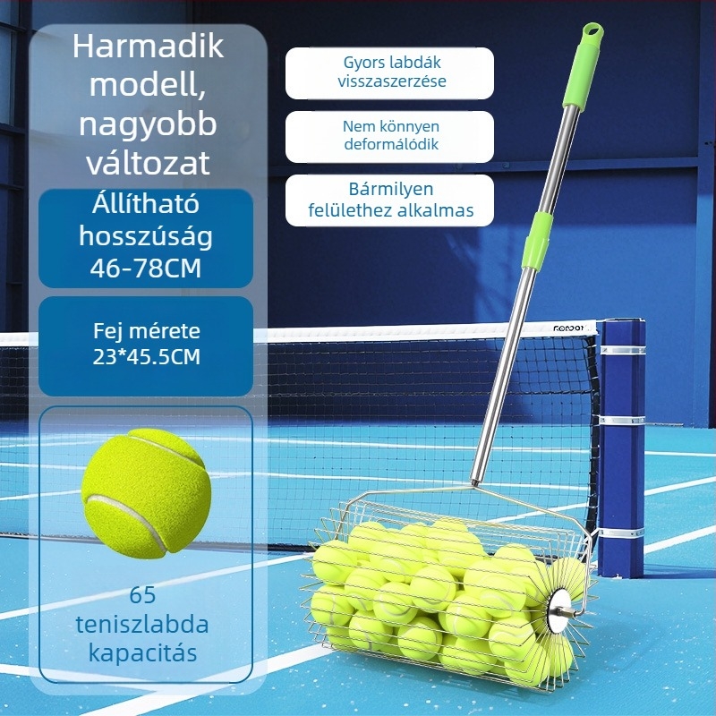 Teniszlabdák gyűjtője rozsdamentes acélból, teleszkópos, automata, kézi tolású működés, nagy kapacitás
