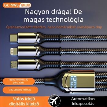 120W-os 3‑az‑egyben adat- és töltőkábel digitális kijelzővel, Lightning, Micro USB és USB‑C csatlakozók, cinkötvözet test, 1–3 kimenet