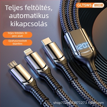 120W-os 3‑az‑egyben adat- és töltőkábel digitális kijelzővel, Lightning, Micro USB és USB‑C csatlakozók, cinkötvözet test, 1–3 kimenet