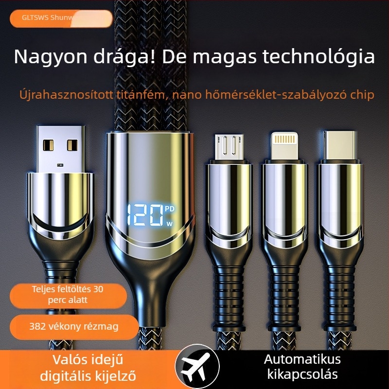 120W-os 3‑az‑egyben adat- és töltőkábel digitális kijelzővel, Lightning, Micro USB és USB‑C csatlakozók, cinkötvözet test, 1–3 kimenet