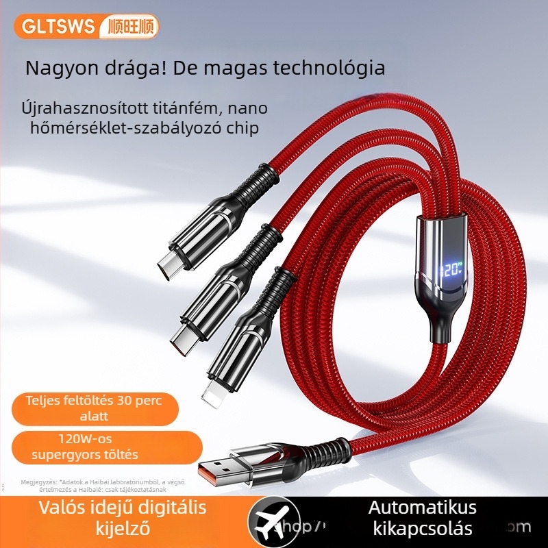 120W-os 3‑az‑egyben adat- és töltőkábel digitális kijelzővel, Lightning, Micro USB és USB‑C csatlakozók, cinkötvözet test, 1–3 kimenet