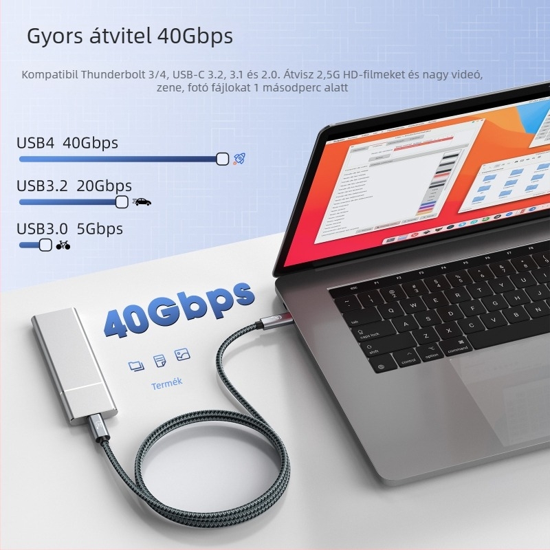 USB4 Type-C kábel, 40Gbps, PD240W Power Delivery, Gyors töltés