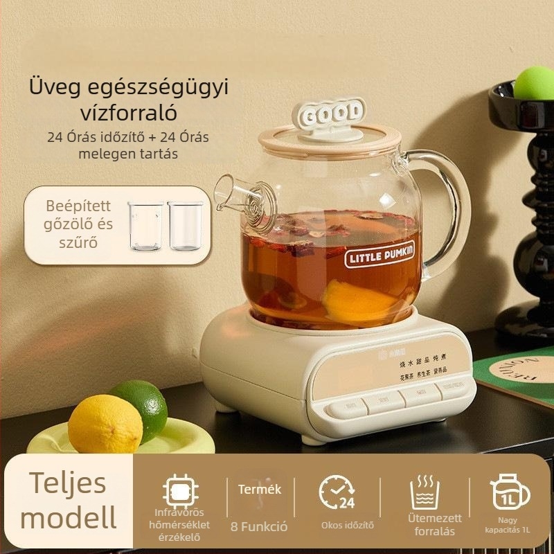 Egészségügyi kanna boroszilikát üvegből, 1 L kapacitás, 220V 500W, digitális termosztát, gombos vezérlés, modell F1